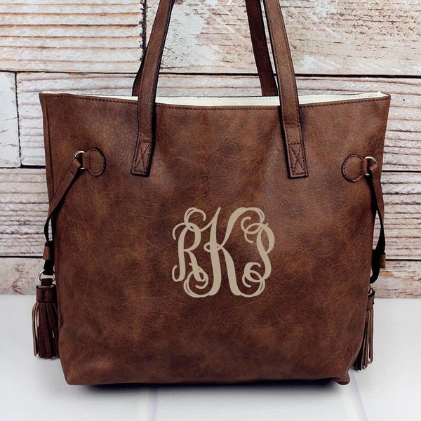 ON SALE!!! Monogram Side Tassel Purse Shoulder HandBag Tote Hand Bag Personalize Vegan Leather Storage Travel Teacher brown woman