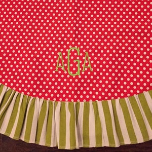 Christmas Tree Skirt with embroidered personlization monogram red with white polka dots and green stripe