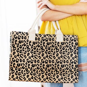 Monogram Leopard Burlap Tote Bag Women&#39;s Personalized Purse Cheetah animal print black brown spot Christmas Holiday gift present for her