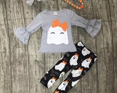 Size 6 7 ON SALE This Week ONLY Halloween Applique Ghost set with matching necklace and bow, Embroidered Monogram or personalized Fall