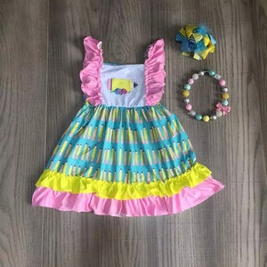 Express Ship* Girls Back to School Applique Pencil Ruffle Dress with matching bow and necklace Embroidered Monogram or Name personalized