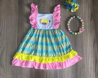 Express Ship* Girls Back to School Applique Pencil Ruffle Dress with matching bow and necklace Embroidered Monogram or Name personalized