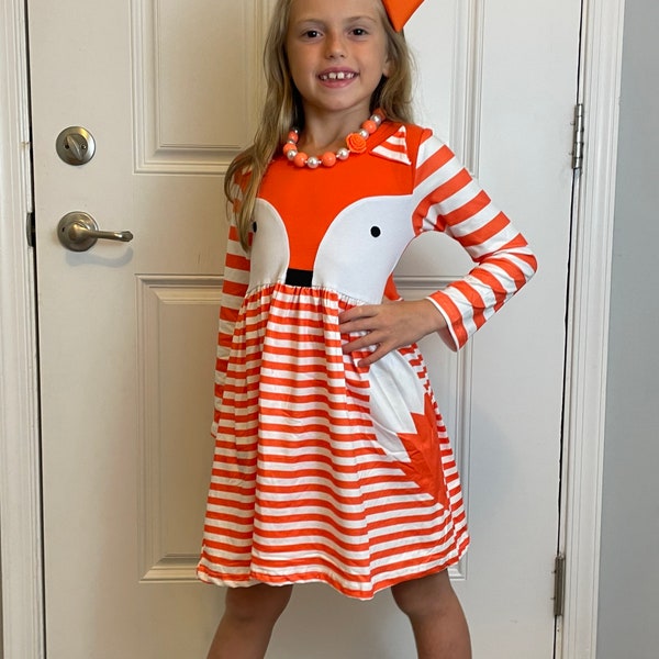 Girls Fall Fox Dress Embroidered Monogram or personalized name, Orange stripes, Autumn, Woodland Animal, Back to School