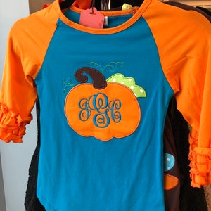 Personalized Fall Pumpkin Raglan Graphic T shirt Girls Halloween Thanksgiving shirt with name monogram