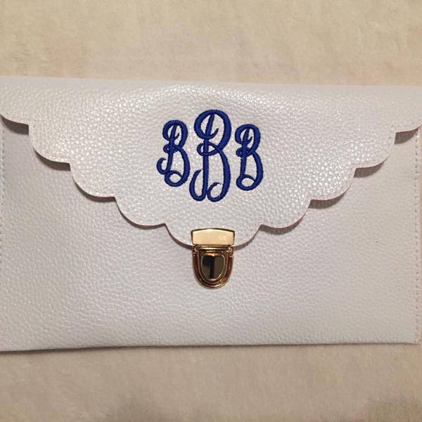 Monogrammed Envelope Clutch Wristlet Purse Evening Wallet Purse Bag Gold Pewter Embroidered personalized hand bag gift her