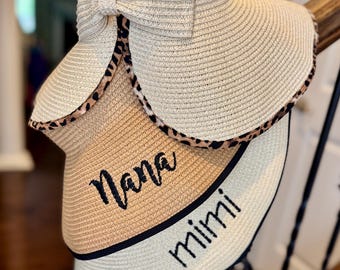 Women&#39;s Monogram Leopard Straw Wide Brimmed Sun Hat Visor Roll Beach Pool Lake Garden Travel Personalize Embroider Custom gift Mother&#39;s Day