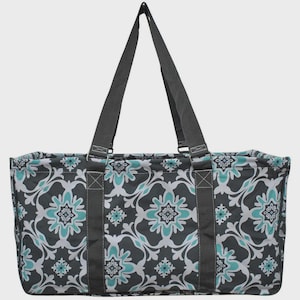 Monogram Large Utility Tote Bag Personalize Custom Name Collapsible Storage Carry All Travel Pool Beach Teacher Game Gift teal vine pattern