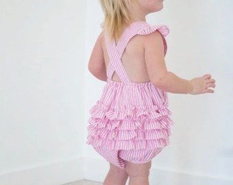 Baby Toddler Girls Seersucker Bubble Romper Ruffle But Sunsuit Monogrammed Personalized Embroidered for Summer 4th July