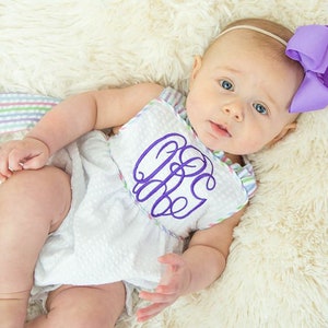 Baby Toddler Girls Monogram Blue Seersucker Ruffle Romper Sun Bubble Bow Sunsuit Personalized Embroidered Summer 4th July Name Pink