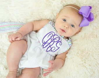 Baby Toddler Girls Monogram Blue Seersucker Ruffle Romper Sun Bubble Bow Sunsuit Personalized Embroidered Summer 4th July Name Pink