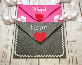 Felt Valentine's Day Envelope Decoration for the back of a chair with embroidered name and hearts candy / card holder