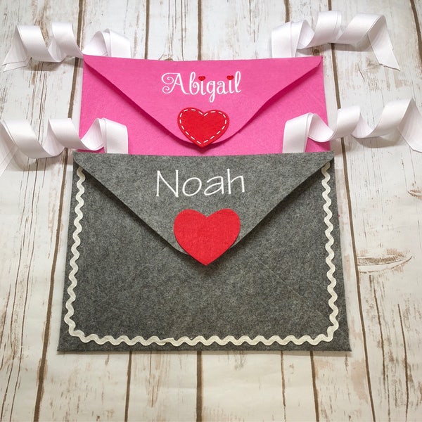 Felt Valentine's Day Envelope Decoration for the back of a chair with embroidered name and hearts candy / card holder