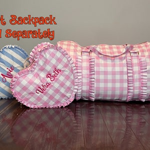 Girls Monogram Ruffle Duffle Overnight Weekender Bag Personalize Custom Women Toddler Kid Preschool Pink plaid blue stripe embroider name