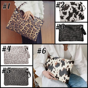 Women's Monogram Oversized Clutch Leopard Cow Animal Print Vegan Leather PU Handheld Wristlet Large Handbag Evening Purse Bag personalize image 2