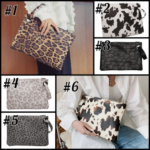 Women's Monogram Oversized Clutch Leopard Cow Animal Print Vegan Leather PU Handheld Wristlet Large Handbag Evening Purse Bag personalize