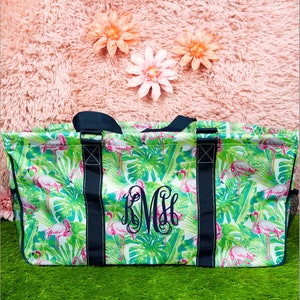 Monogramm Große Gebrauchs-Einkaufstasche Personalisieren Benutzerdefinierte Name Zusammenklappbare Lagerung Tragen Reise Pool Strand Lehrer Geschenk Pink Flamingo Tropical