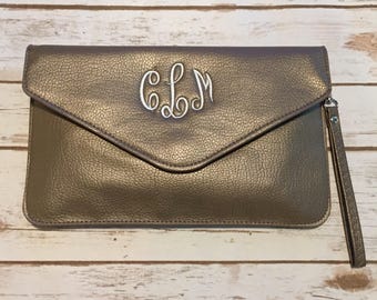 Monogrammed Envelope Clutch Wristlet Purse Evening Wallet Purse Bag Gold Pewter Embroidered personalized hand bag gift her