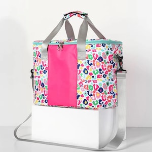 Bolsa térmica con monograma de leopardo divertida para playa, piscina, viajes, picnic, personalizable, paquete rosa con estampado animal colorido, regalo, correa de hombro impermeable