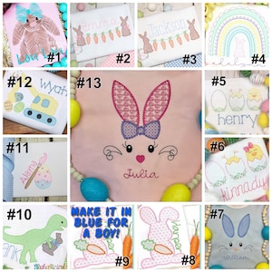 May include: A collection of 13 embroidered designs featuring bunnies, chicks, eggs, rainbows, and other Easter-themed motifs. Each design includes a name and a number. The designs are perfect for personalizing clothing, towels, or other items.