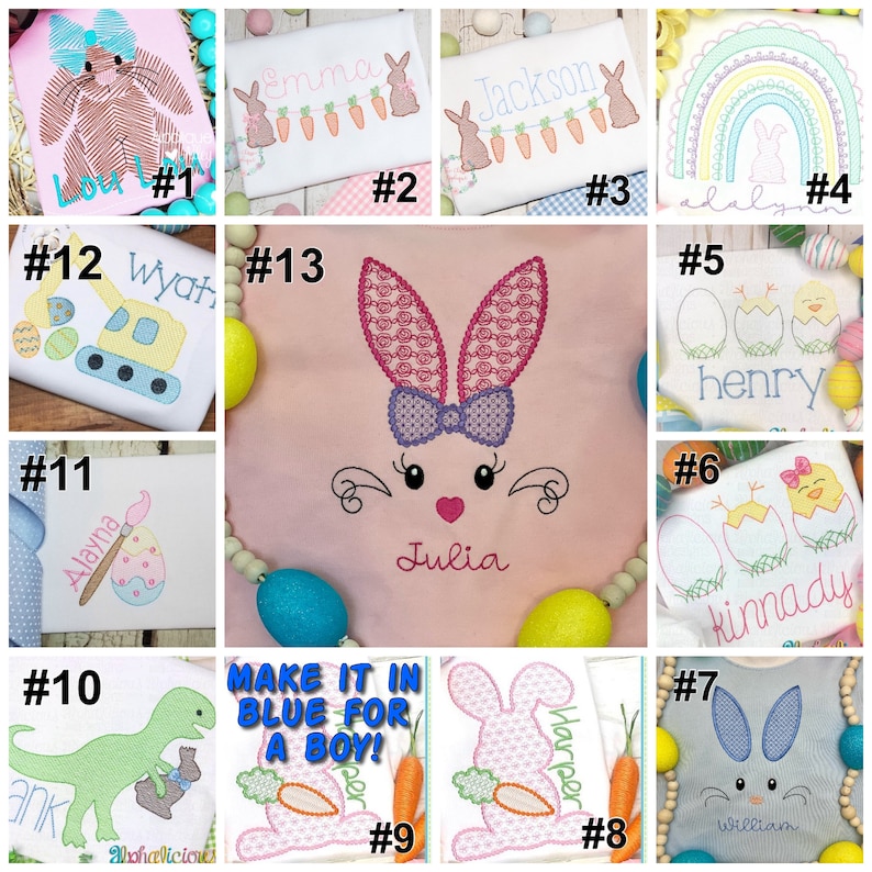 May include: A collection of 13 embroidered designs featuring bunnies, chicks, eggs, rainbows, and other Easter-themed motifs. Each design includes a name and a number. The designs are perfect for personalizing clothing, towels, or other items.