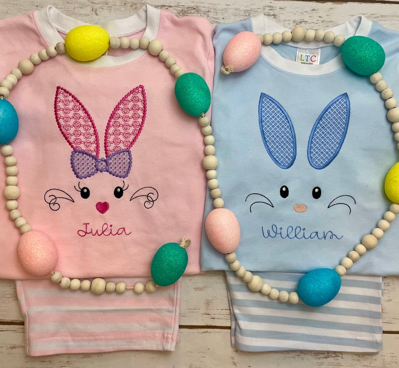 Monogram Easter Bunny Face Pajama PJ Match Sibling Spring Custom Pink Light Blue White Stripe Girl Boy Personalize Egg Chick Carrot Dino Dig bild 2