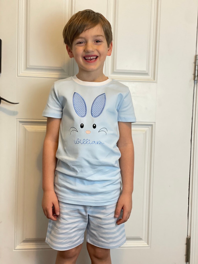 Monogram Easter Bunny Face Pajama PJ Match Sibling Spring Custom Pink Light Blue White Stripe Girl Boy Personalize Egg Chick Carrot Dino Dig bild 4