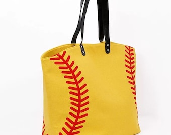 Softball Mom Monogram Canvas Tote shoulder bag personalize game time sport team gift present red yellow black season embroidered