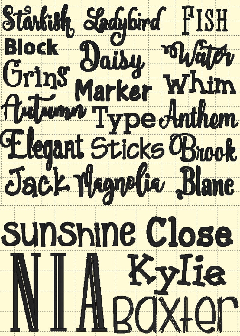 May include: A black and white image with a grid pattern background. The image contains a list of names written in a stylized font. The names include: St&aring;rkish, Ladybird, FISH, Block, Grins, Marker, Whim, Daisy, Water, Autumn, Type, Anthem, Elegant, Sticks, Brook, Jack, Magnolia, Blanc, sunshine, Close, Kylie, Baxter.