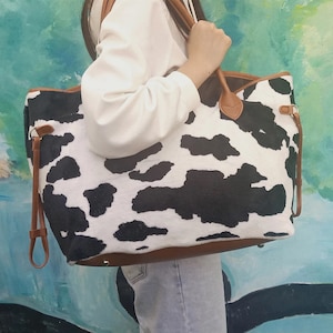 Women&#39;s Monogram Leopard Buffalo Plaid Cow Tote Bag Personalize Purse Cheetah animal print black spot Christmas Holiday best gift her 2021