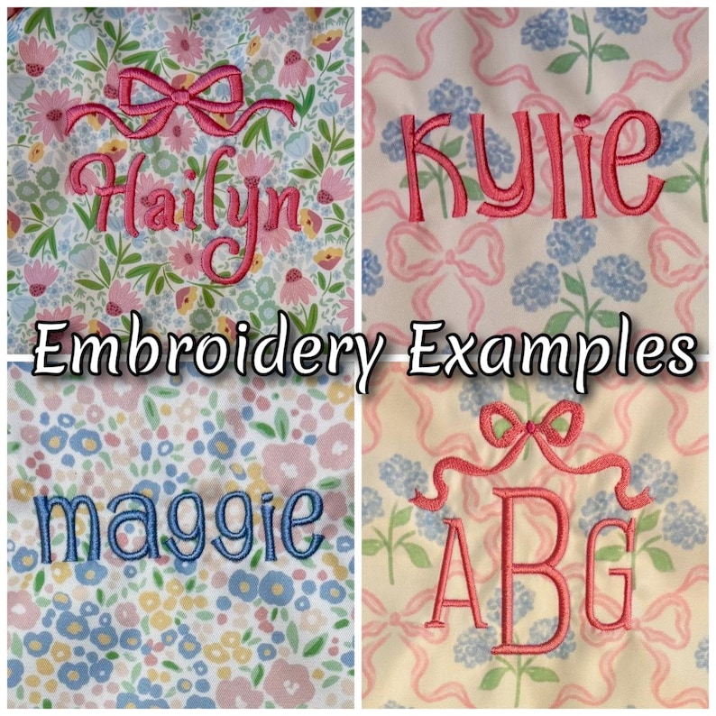 Puede incluir: Imagen que muestra ejemplos de bordados con nombres e iniciales. Los nombres "Hailyn", "Kylie" y "maggie" est&aacute;n bordados con hilo rosa y azul sobre tela con estampado floral y de lazo. El texto "Embroidery Examples" tambi&eacute;n es visible.