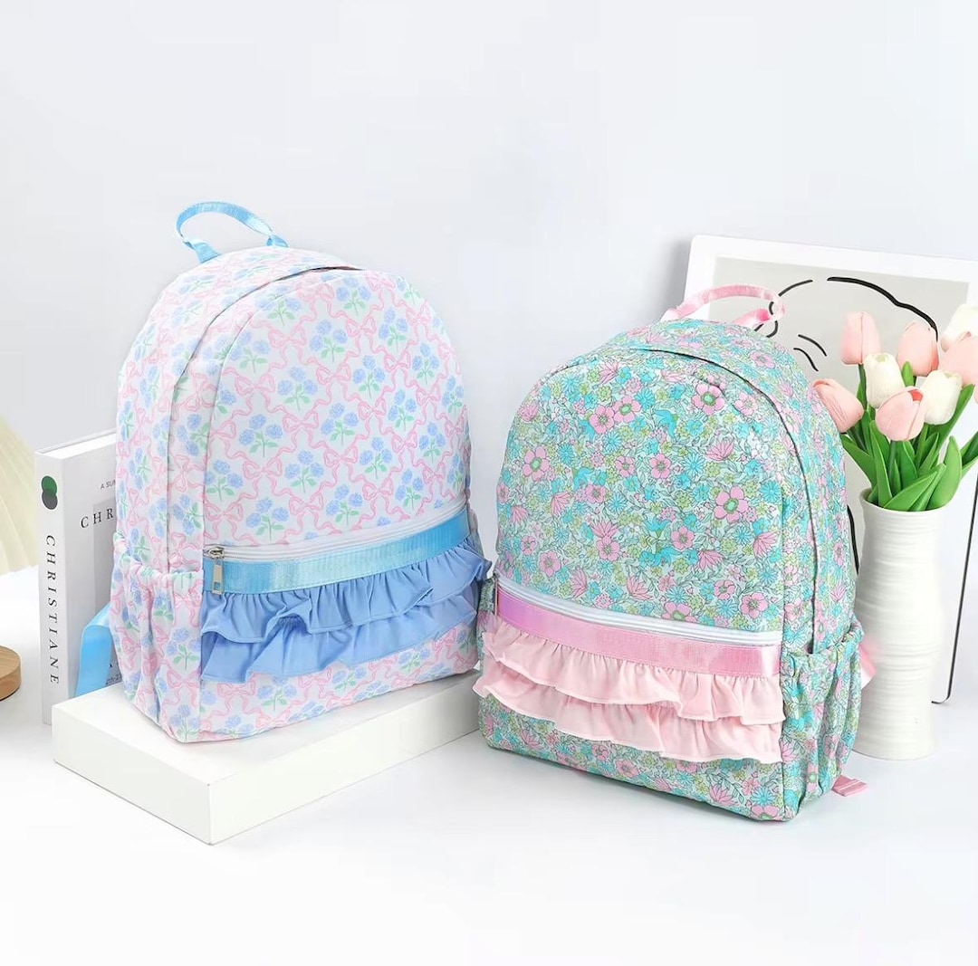 Pink Ruffly Backpack Girls Monogram Ruffle Backpack School Bag Personalize Custom Toddler ...