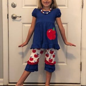 Girls Back to School Apple Outfit Set with matching bow and necklace Ruffle Capri short sleeve Embroidered Monogram or Name personalized