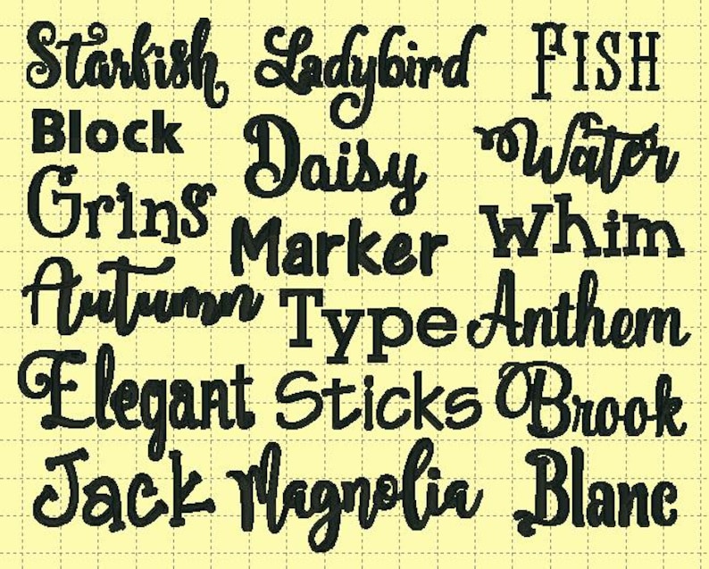 May include: A collection of words written in a cursive font, including "Starfish", "Ladybird", "Fish", "Block", "Daisy", "Water", "Grins", "Marker", "Whim", "Autumn", "Type", "Anthem", "Elegant", "Sticks", "Brook", "Jack", "Magnolia", and "Blane".