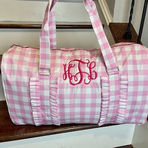 Girls Monogram Ruffle Duffle Overnight Weekender Bag Personalize Custom Women Toddler Kid Preschool Pink plaid blue stripe embroider name