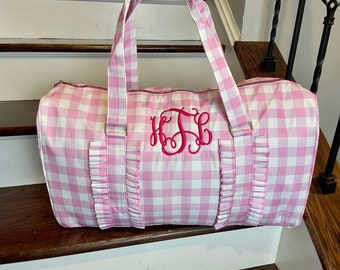 Girls Monogram Ruffle Duffle Overnight Weekender Bag Personalize Custom Women Toddler Kid Preschool Pink plaid blue stripe embroider name