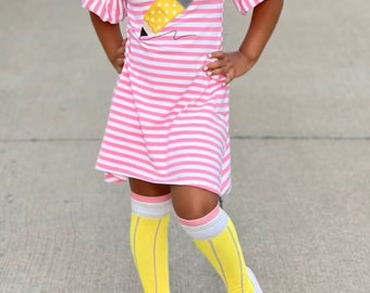 Girls Monogram Back to School Applique Pencil Dress matching purse and knee socks Embroidered Custom or personalized name pockets pink grade