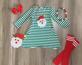 Girls Christmas Santa Applique Dress Outfit Set with matching purse, knee socks, nekclace, and bow Embroidered Monogram or personalized name