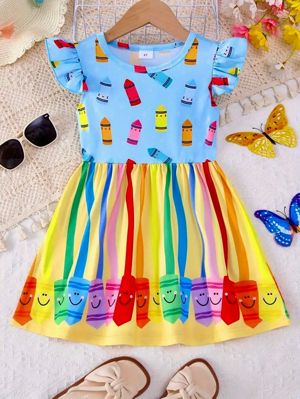 Girls Back to School Crayon Dress Embroidered Monogram Custom personalize toddler first day flutter sleeve matching bow crayola Kindergarten