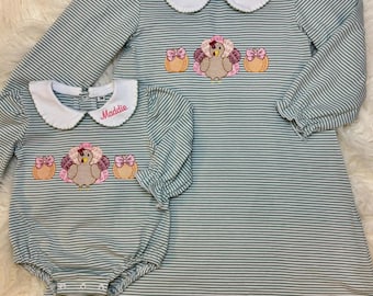 Girls' Thanksgiving Outfit: Monogrammed Stripe Bubble Dress Embroidered Turkey and pumpkins