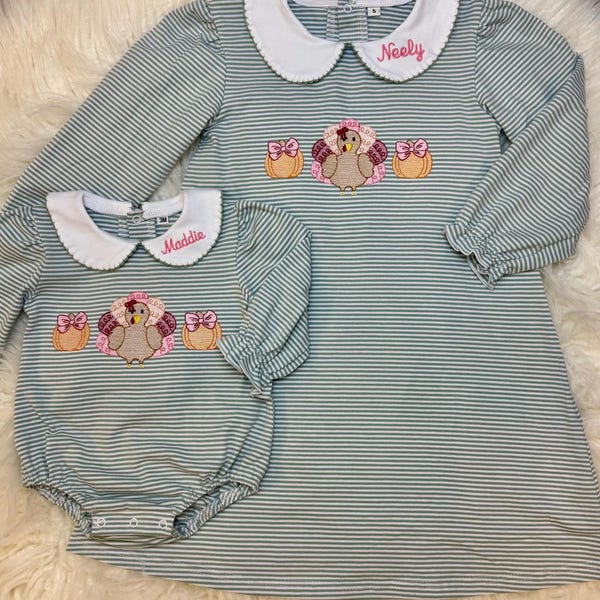 Girls' Thanksgiving Outfit: Monogrammed Stripe Bubble Dress Embroidered Turkey and pumpkins