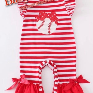Vestido de béisbol con apliques para niñas, mameluco para bebé con collar de lazo a juego, calcetines, bordado de regreso a la escuela, nombre del monograma, volante rojo personalizado