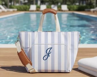 Bolsa térmica con monograma para playa, piscina, viajes, picnic, personalizada, rayas rosas, regalo, impermeable, aislante, picnic, almuerzo, rayas