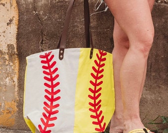 Baseball Softball split mix Mom Monogram Canvas Tote shoulder bag personalize game time sport team gift present yellow white black embroider