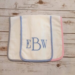 Baby toddler Burp Cloth made of Soft Velour Terry with Gingham Trim Gray, Pink, Blue