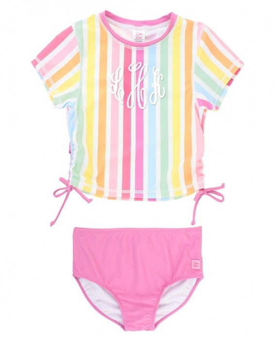 Teen Girl Monogram Rainbow Cropped Short Sleeve Crop Rash Guard Tween Swim  Suit Set Personalize Stripe Ruffle Butt Match Sibling Sister -  Hong  Kong