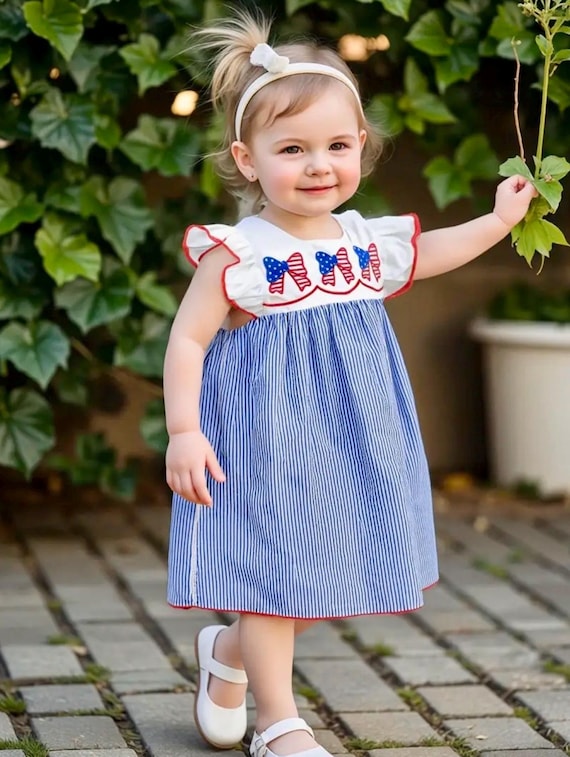 Baby Girl Flag Bow Appliqu Dress USA Patriotic 4th July red White blue stars and stripes Monogram Embroider Memorial Day Ruffle Seersucker Baby Girl Flag Bow Appliqu Dress USA Patriotic 4th July red White blue stars and stripes Monogram Embroider Memorial Day Ruffle Seersucker