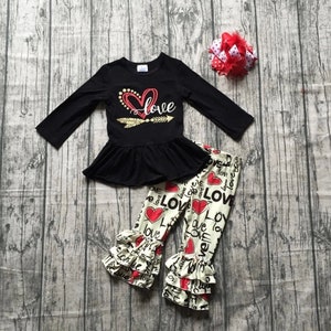 Conjunto de roupa boutique com babados para meninas, dia dos namorados, amor, coração, camisa com laço combinando, calças, manga comprida, vermelho, preto, monograma personalizado