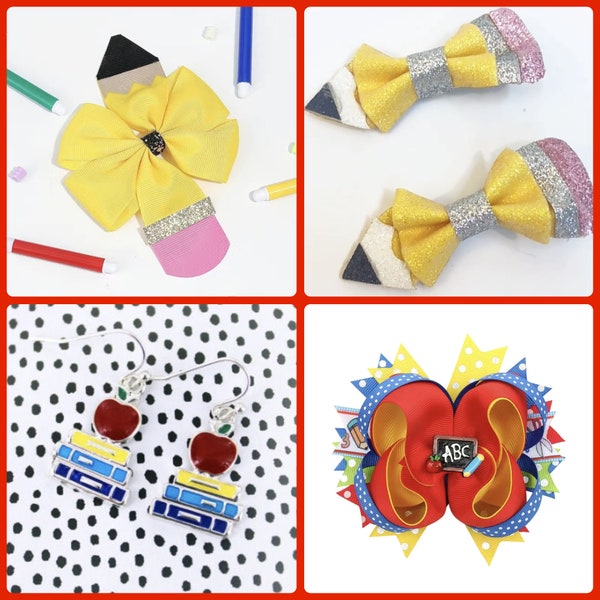 Girls Back to School Pencil ABC Hair Bow Earrings Accessories books Yellow Red Blue Apple Crayon Pig pony tails set 2pk