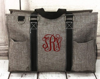 ON SALE!!! Monogram Zipper Caddy Organizer Tote Bag Personalize Storage Carry Travel Pool Beach Teacher Gift Gray crosshatch Men woman carry