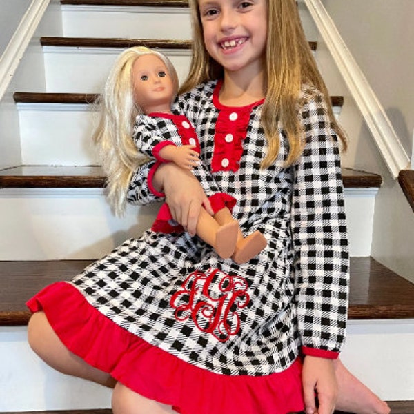 Matching Family Christmas Dress & 18" Doll Dress Girl and Doll Holiday Dress Monogram Buffalo Plaid Personalize Custom Red Black White check